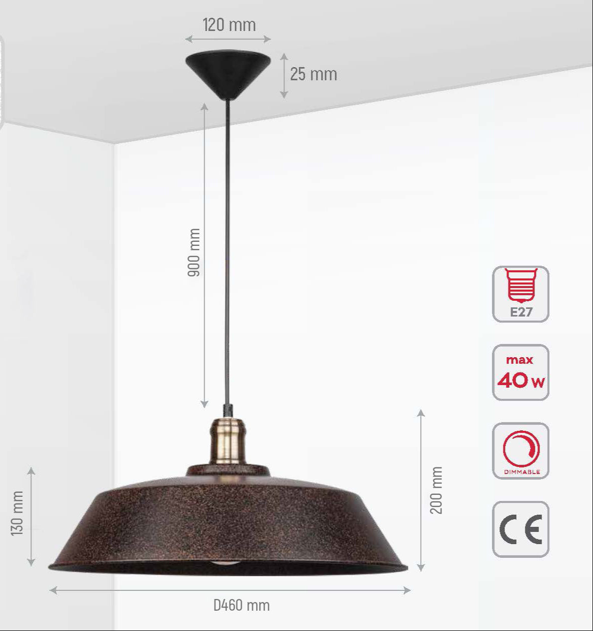 Product dimensions of rusty brown metal step flat pendant light l with e27 fitting 150-18184