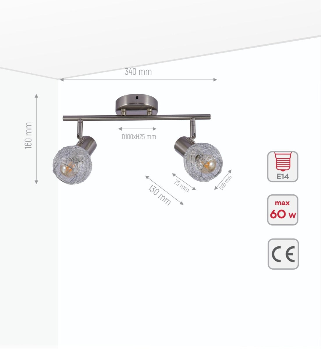 Product dimensions of silver nest matte nickel body semi flush ceiling light 2xe14