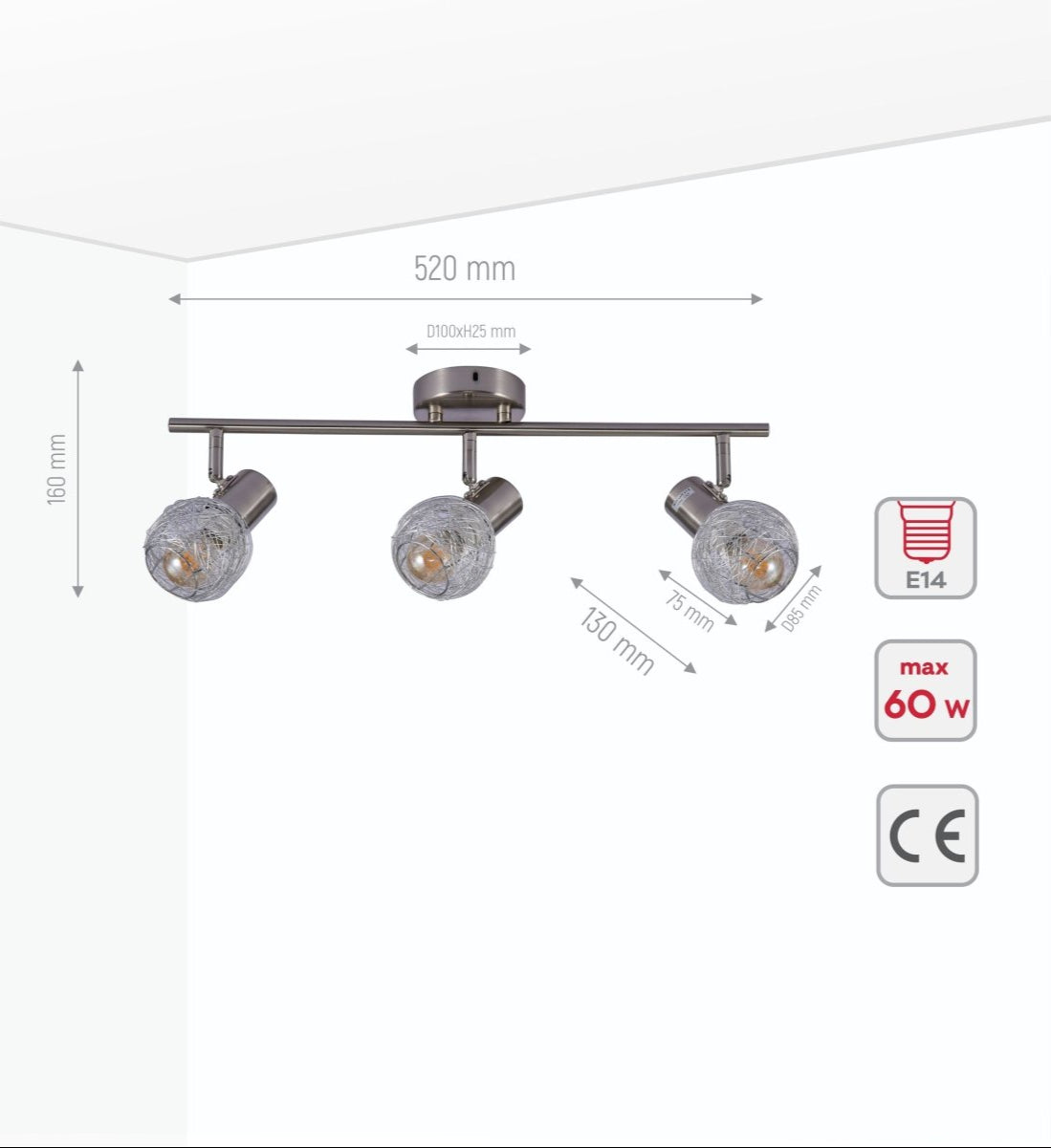 Product dimensions of silver nest matte nickel body semi flush ceiling light 3xe14