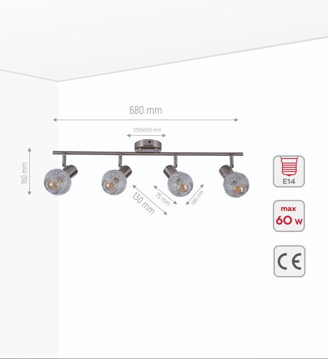 Product dimensions of silver nest matte nickel body semi flush ceiling light 4xe14