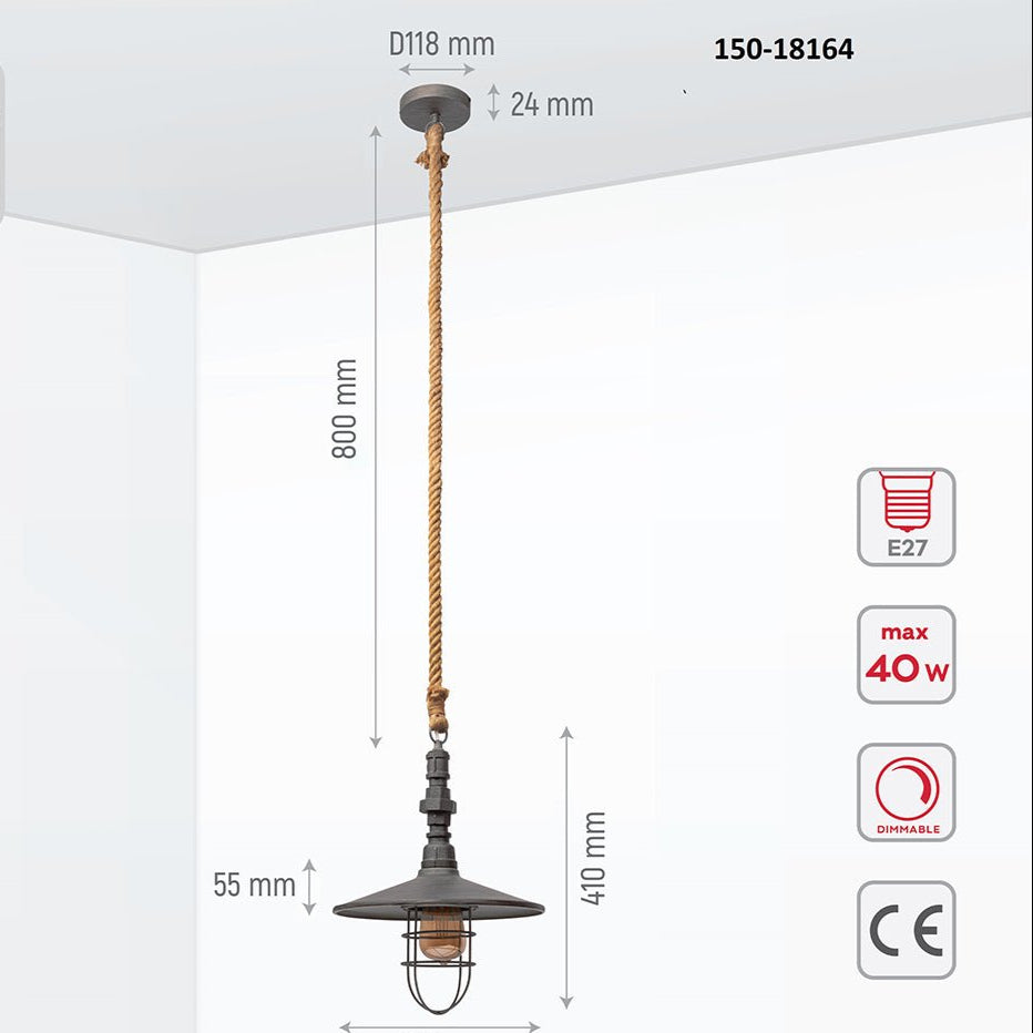 Product dimensions of silvery grey metal caged flat pendant light with e27 fitting