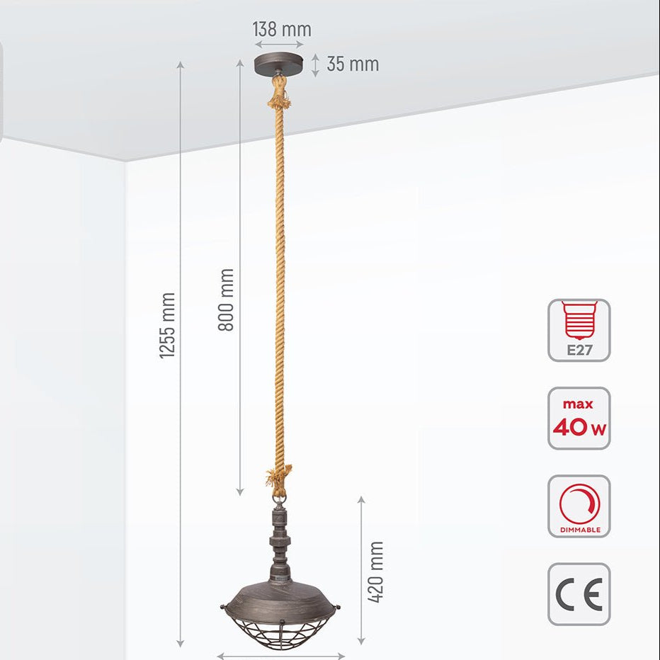 Product dimensions of silvery grey metal caged step pendant light with e27 fitting