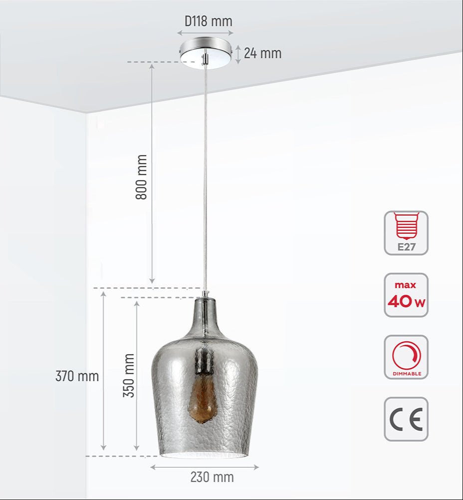 Product dimensions of smoky frosted glass schoolhouse pendant light l with e27 fitting