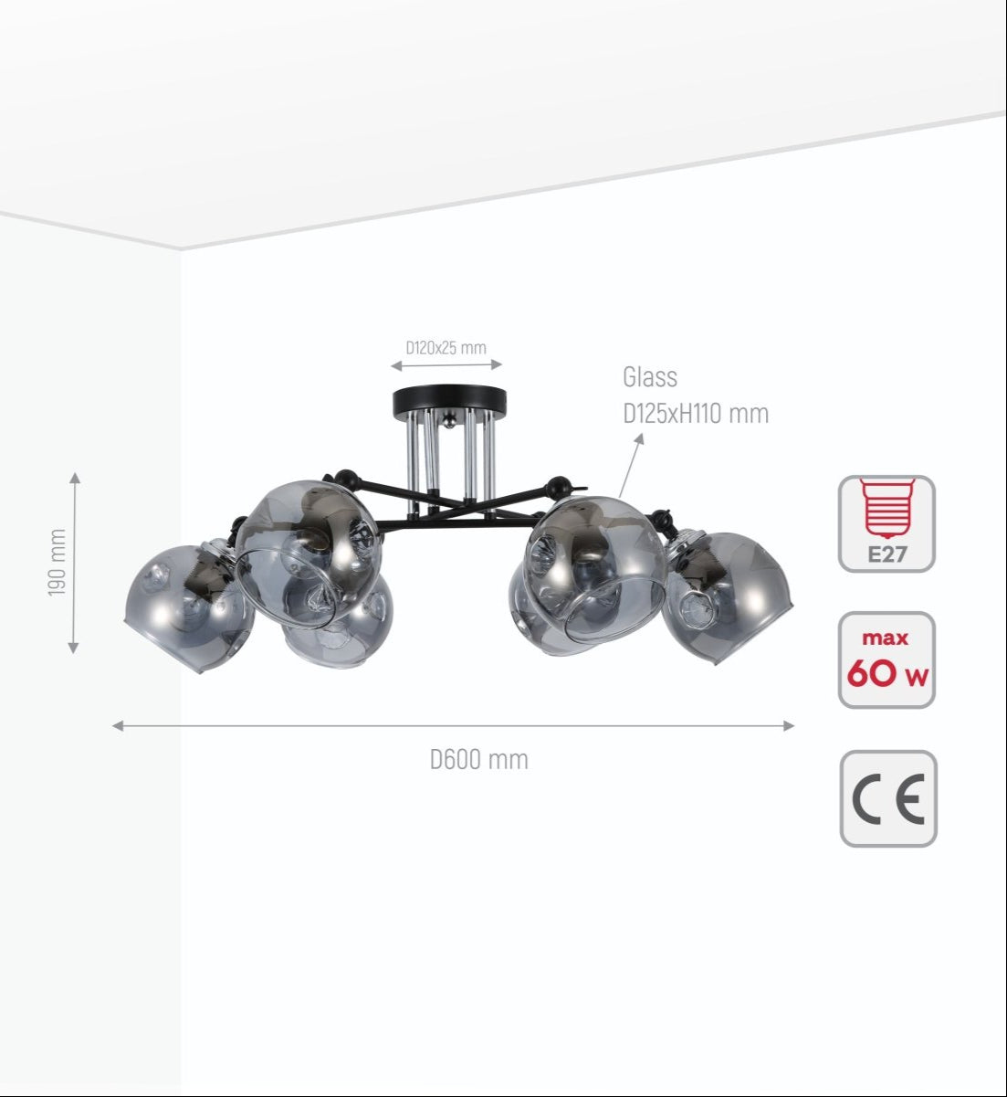 Product dimensions of smoky glass black and chrome semi flush ceiling light 6xe27