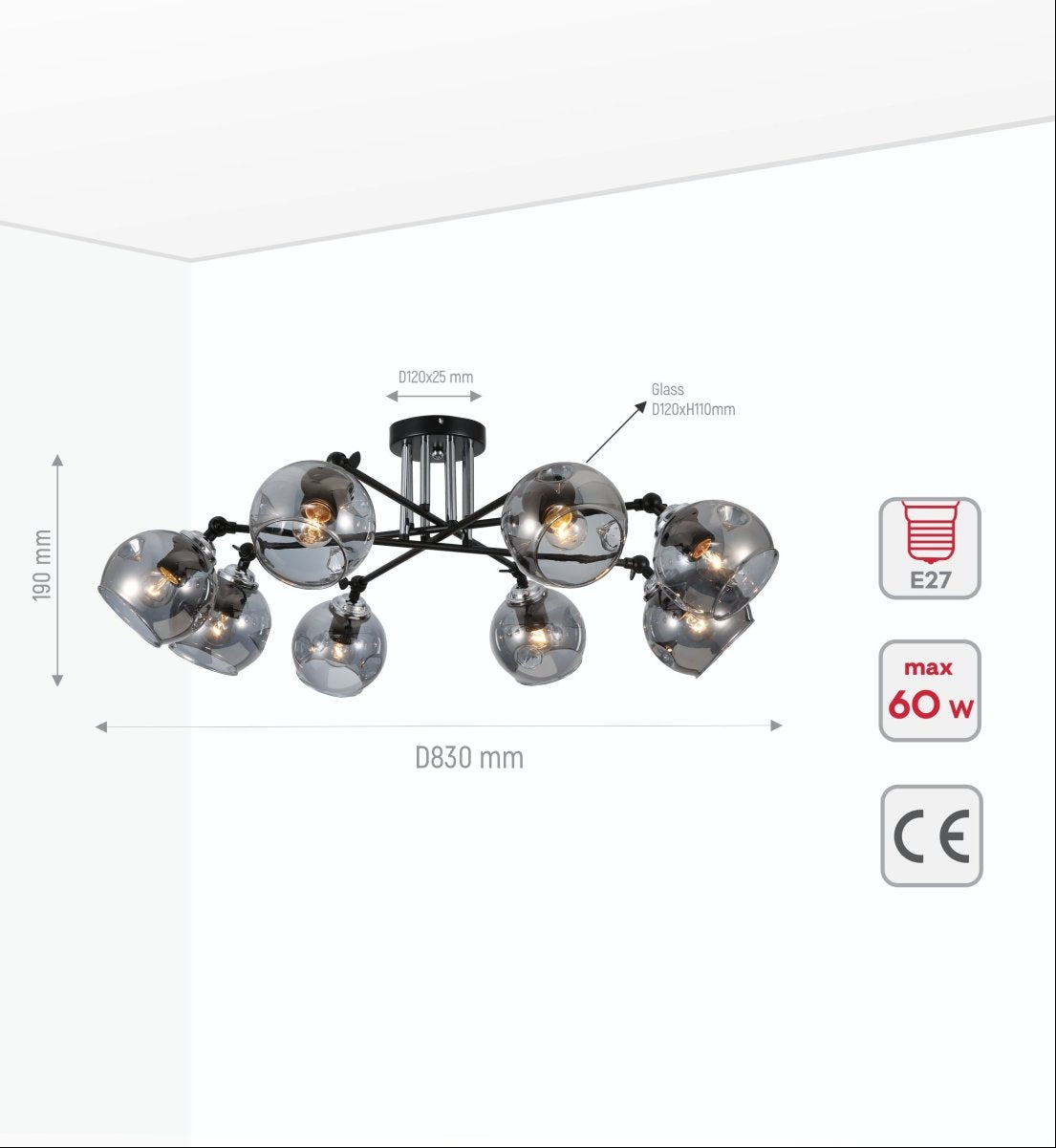 Product dimensions of smoky glass black and chrome semi flush ceiling light 8xe27