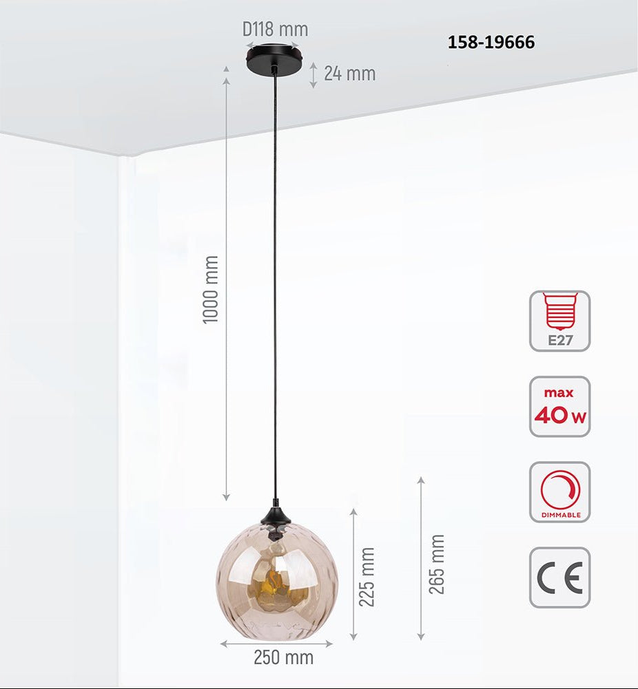 Product dimensions of smoky glass globe pendant light with e27 fitting