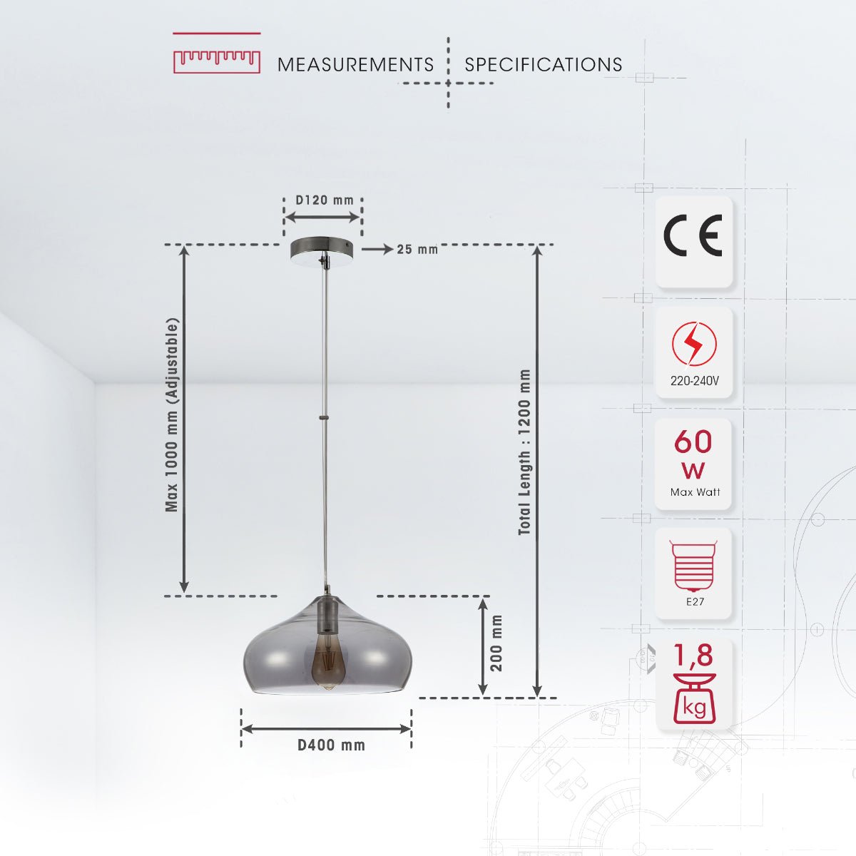 Size and specs of Smoky Glass India Dome Pendant Ceiling Light with E27 | TEKLED 150-15054