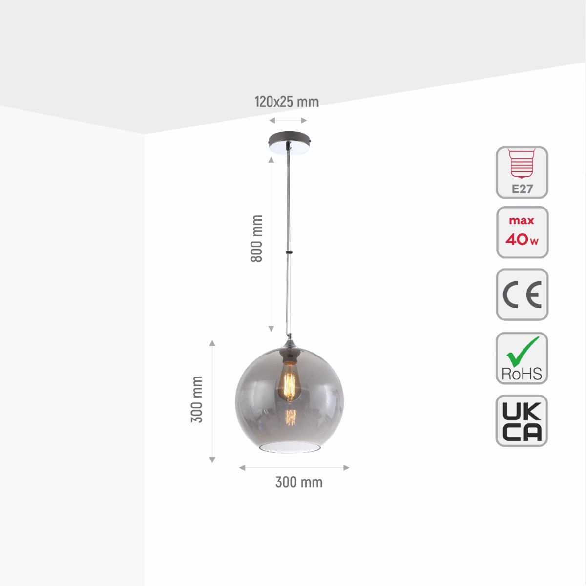 Size and specs of Smoky Mirror Glass Globe Pendant Ceiling Light with E27 | TEKLED 150-15056