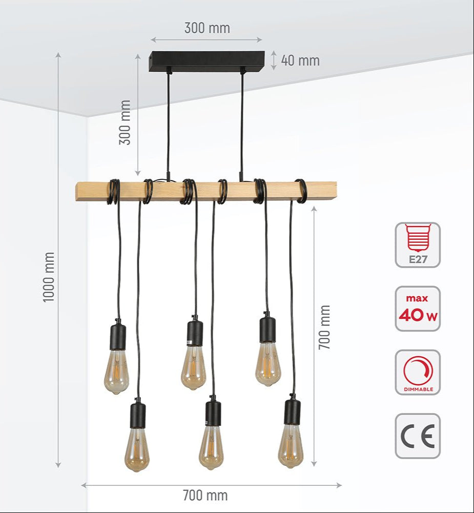 Product dimensions of timber wood rod dropping chandelier with 6xe27 fitting