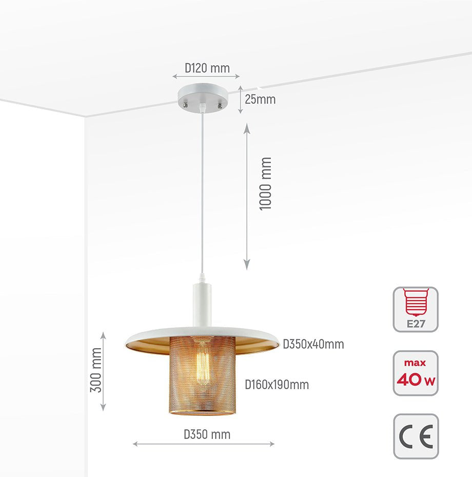 Product dimensions of white-golden metal caged flat pendant light with e27 fitting