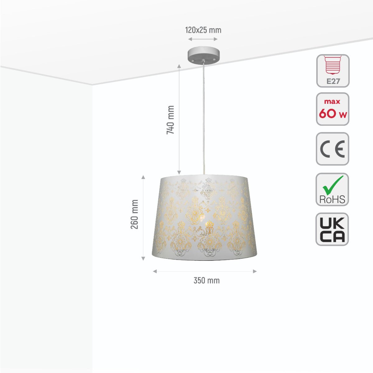 Size and specs of White Metal Flowered Frustum Pendant Ceiling Light with E27 | TEKLED 150-17976