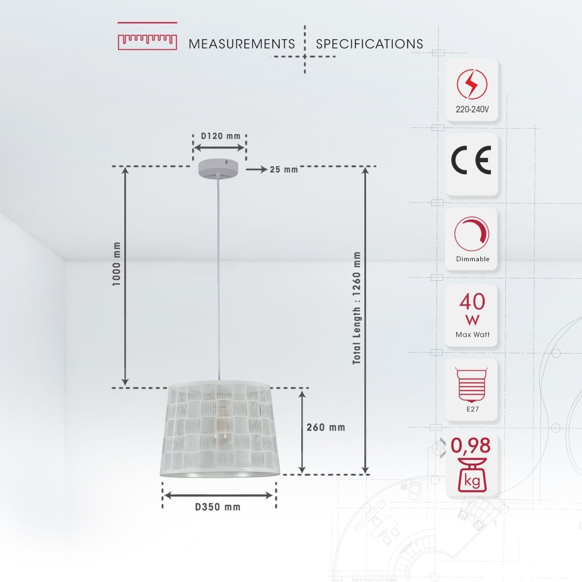 Product dimensions of white metal frustum pendant light square pattern with e27 fitting