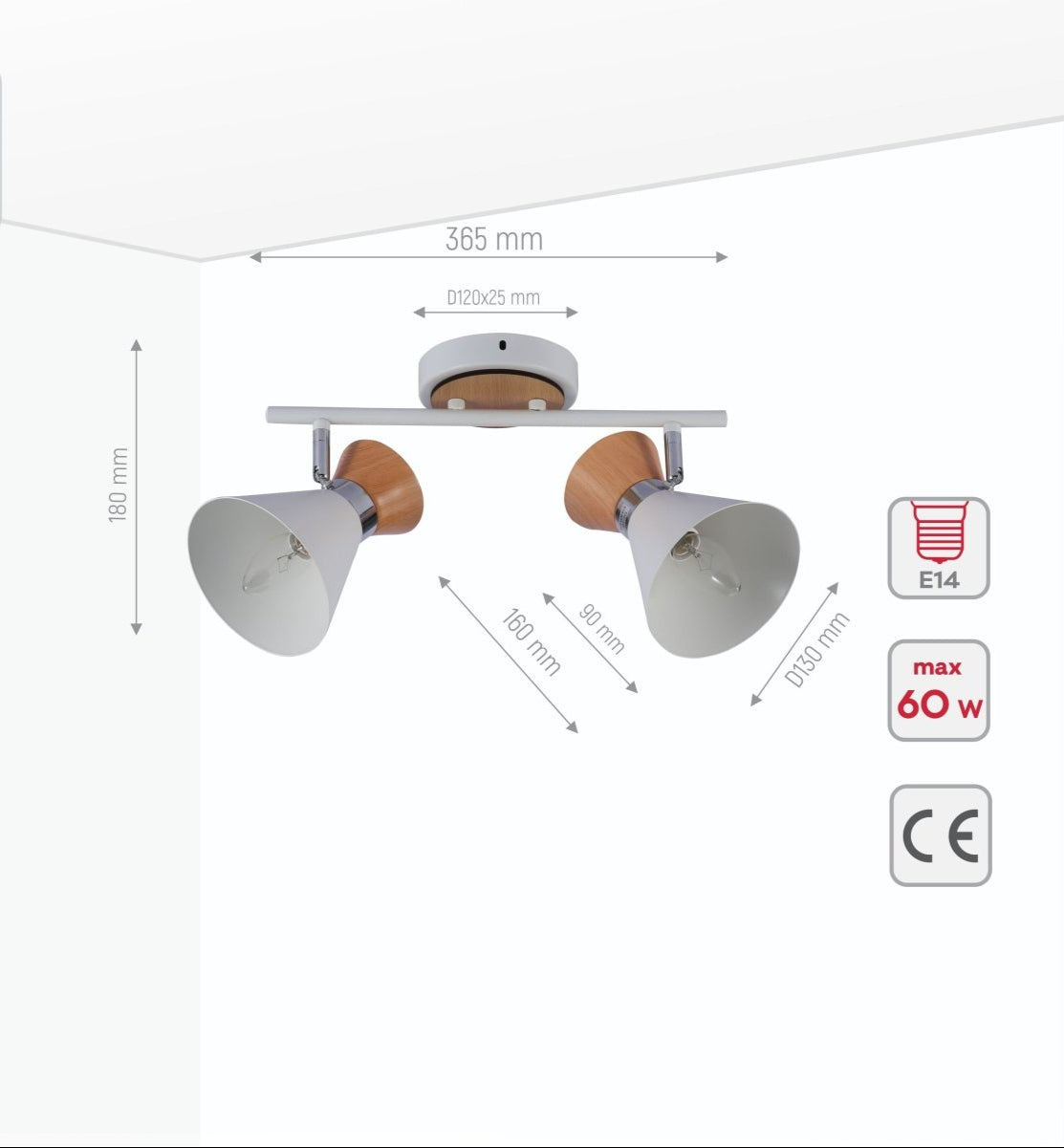 Product dimensions of white metal wood funnel semi flush ceiling light 2xe14