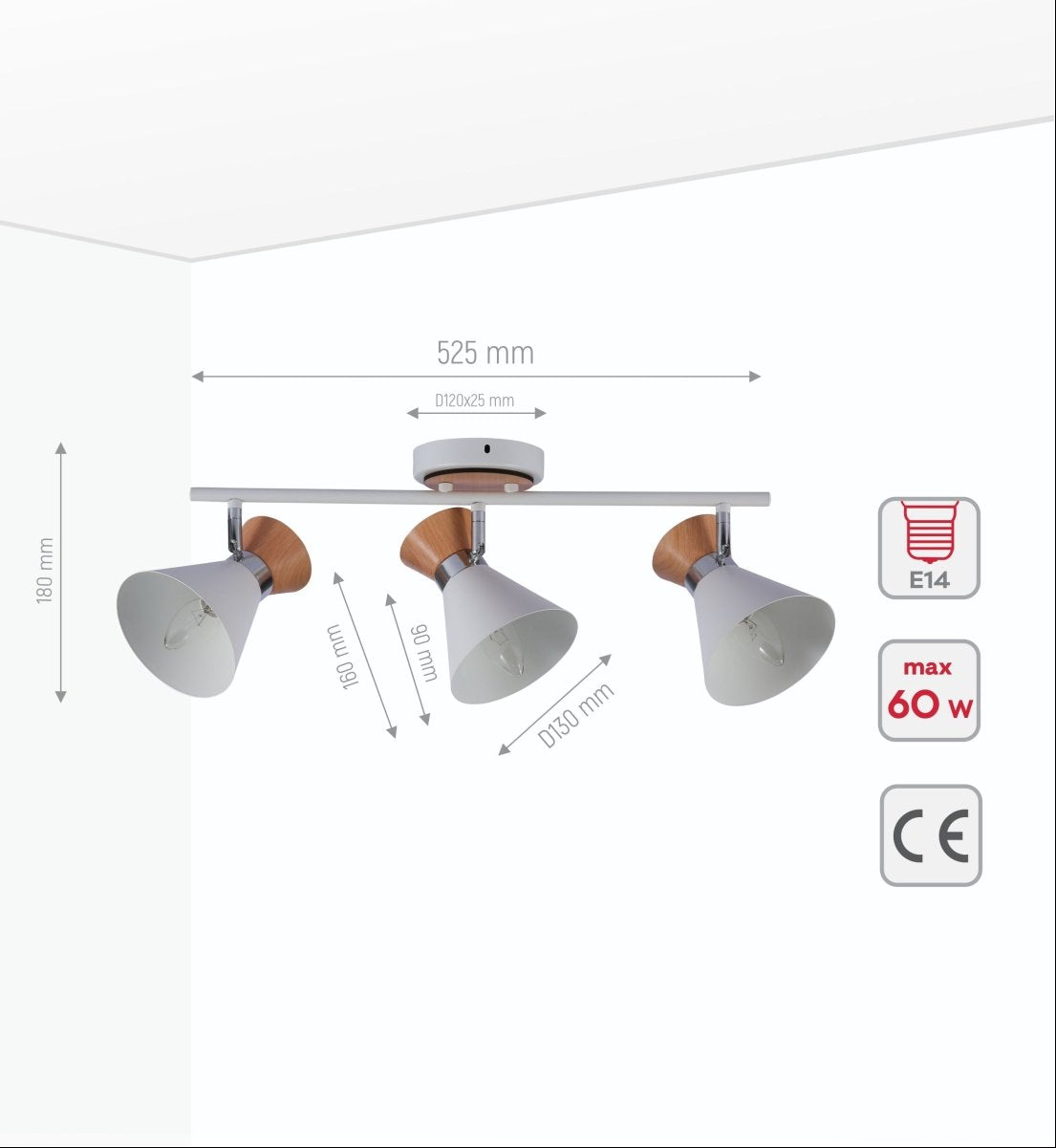 Product dimensions of white metal wood funnel semi flush ceiling light 3xe14