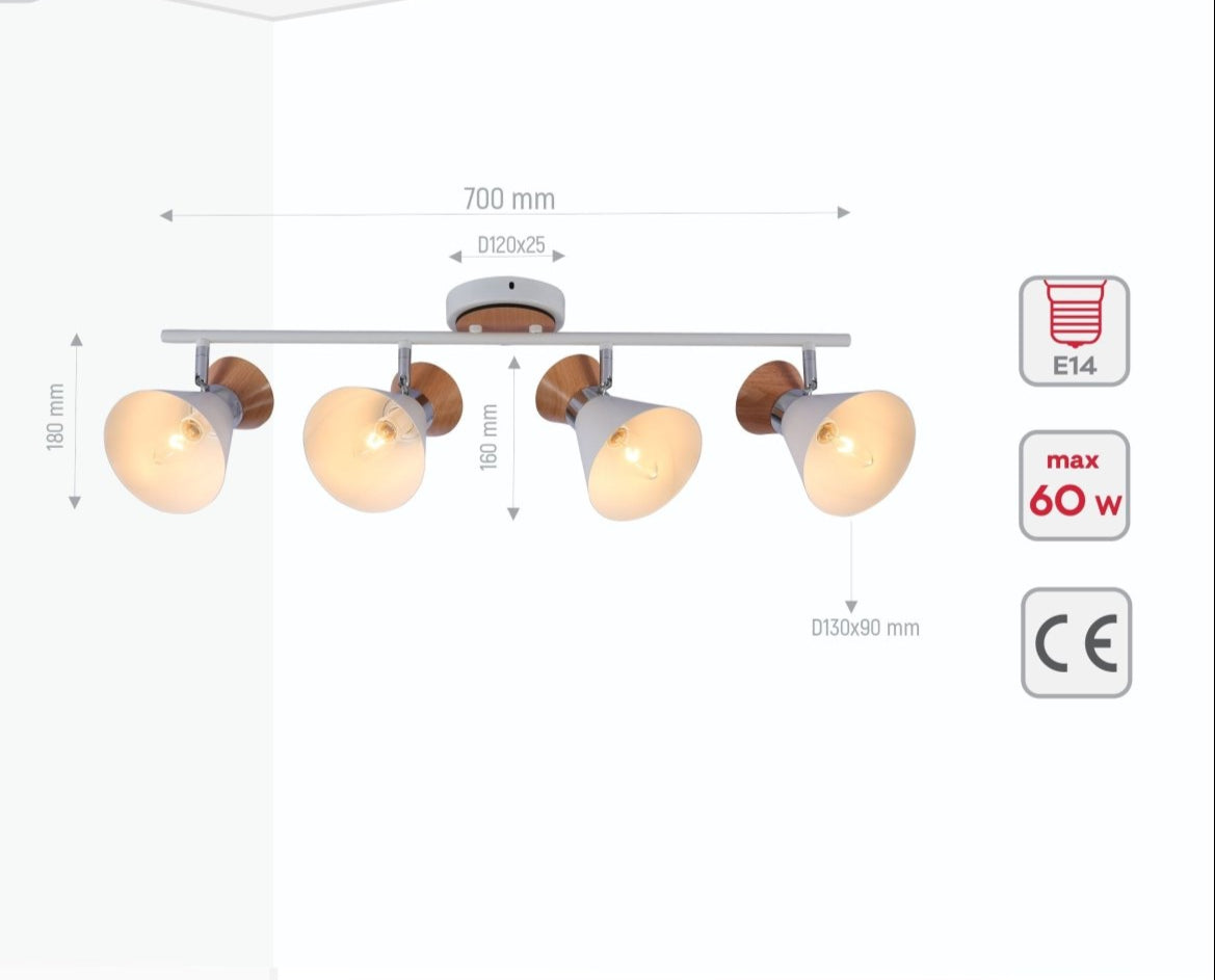 Product dimensions of white metal wood funnel semi flush ceiling light 4xe14