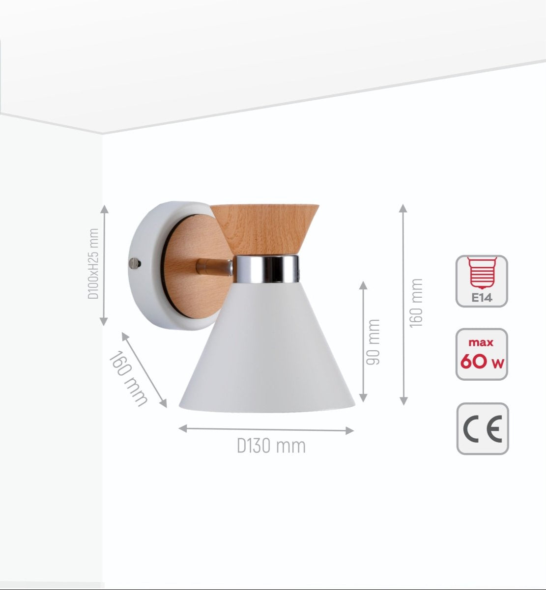 Product dimensions of white wood metal funnel wall light e14