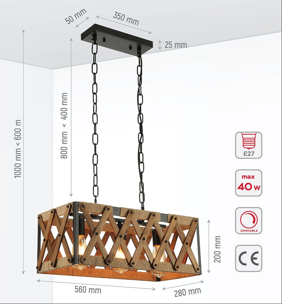 Product dimensions of wood black metal cuboid island chandelier with 3xe27 fitting