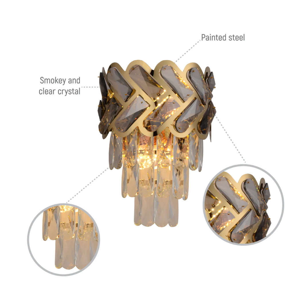 Close up of Herringbone Crystal Chandelier Wall Sconce Light Gold | TEKLED 151-19922