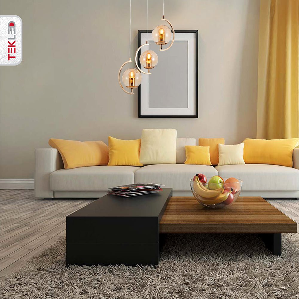 More interior usage of Amber Globe Glass Crescent Gold Metal Modern Ceiling Pendant Light 3xE27 | TEKLED 159-17796