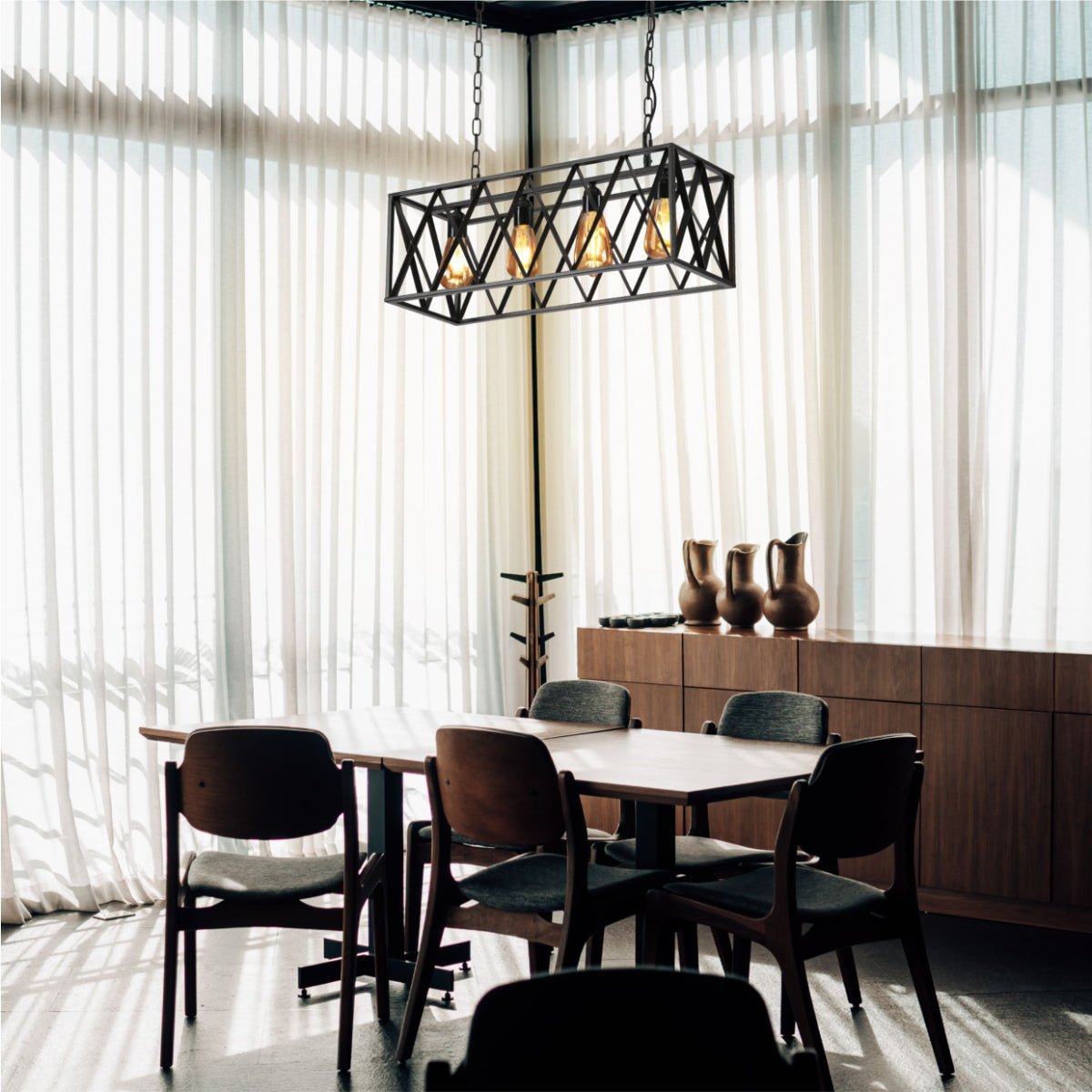 More interior usage of Black Cuboid Metal Kitchen Island Chandelier Ceiling Light with 4xE27 | TEKLED 150-18099