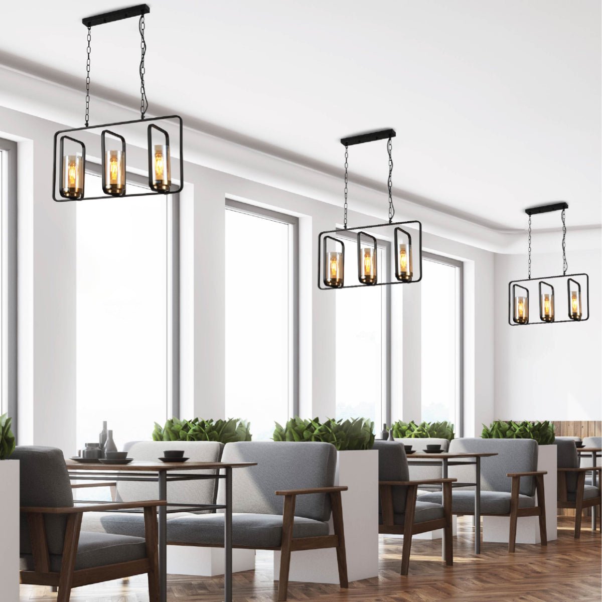 More interior usage of Black Metal Cage Body Amber Cylinder Glass Kitchen Island Chandelier Ceiling Light with 3xE27 Fitting | TEKLED 159-17442