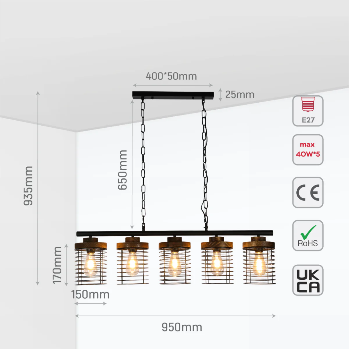 Size and certifications of Industrial Cage Pendant Light - Rectangular 5-Shade Linear Chandelier with Wood Accents 150-19066