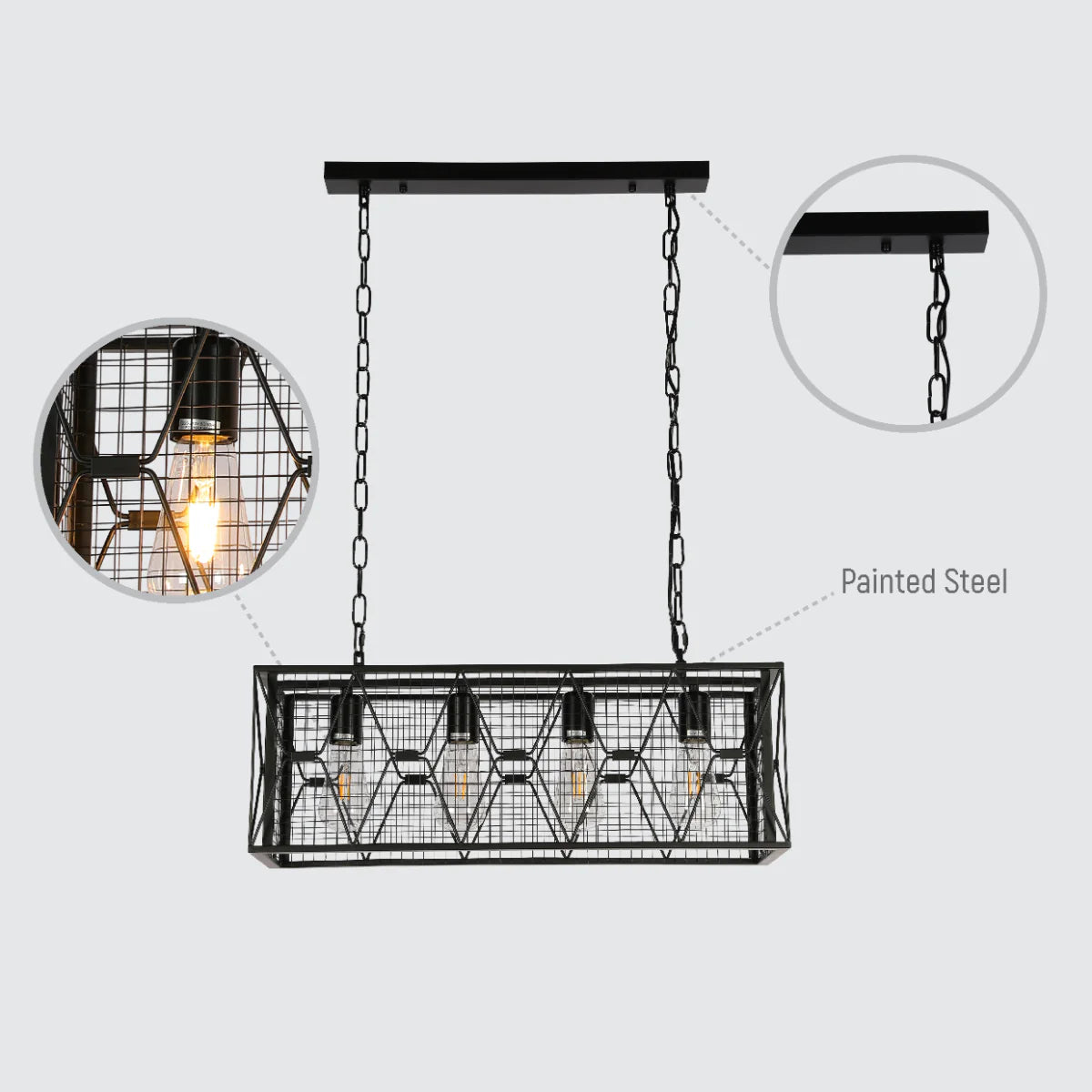 Lighting properties of Industrial Farmhouse Metal Cage Chandelier - Black Finish, 4-Light 150-19048