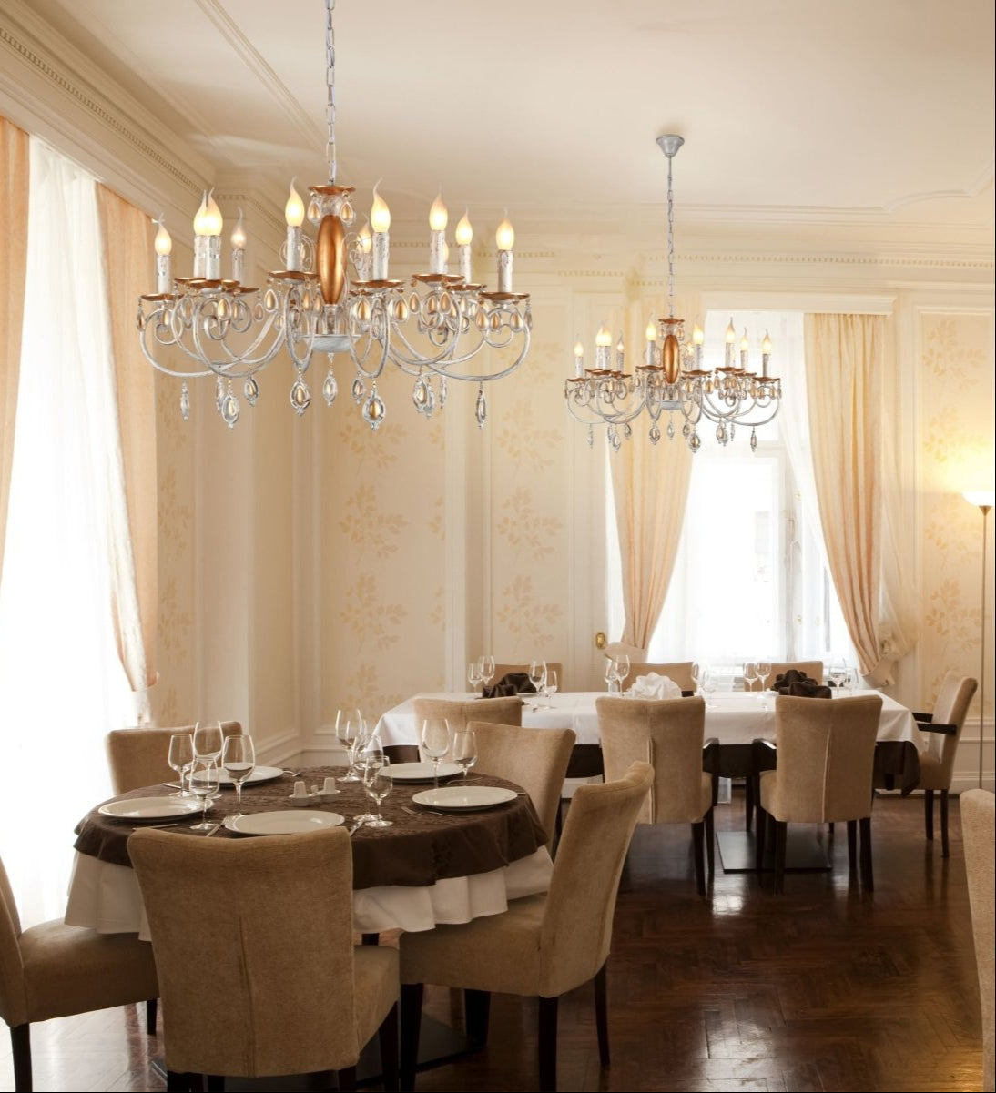 Indoor usage of Amber Crystal Gold and White Metal 12 Arm Chandelier with E14 Fitting | TEKLED 158-19445