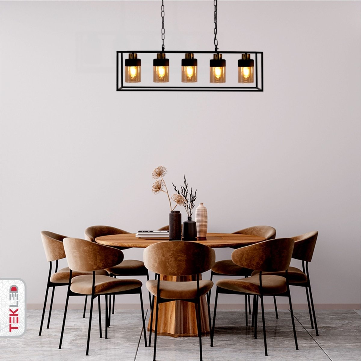 Indoor usage of Amber Glass Black Metal Body Island Chandelier with 5xE27 Fitting | TEKLED 159-17398