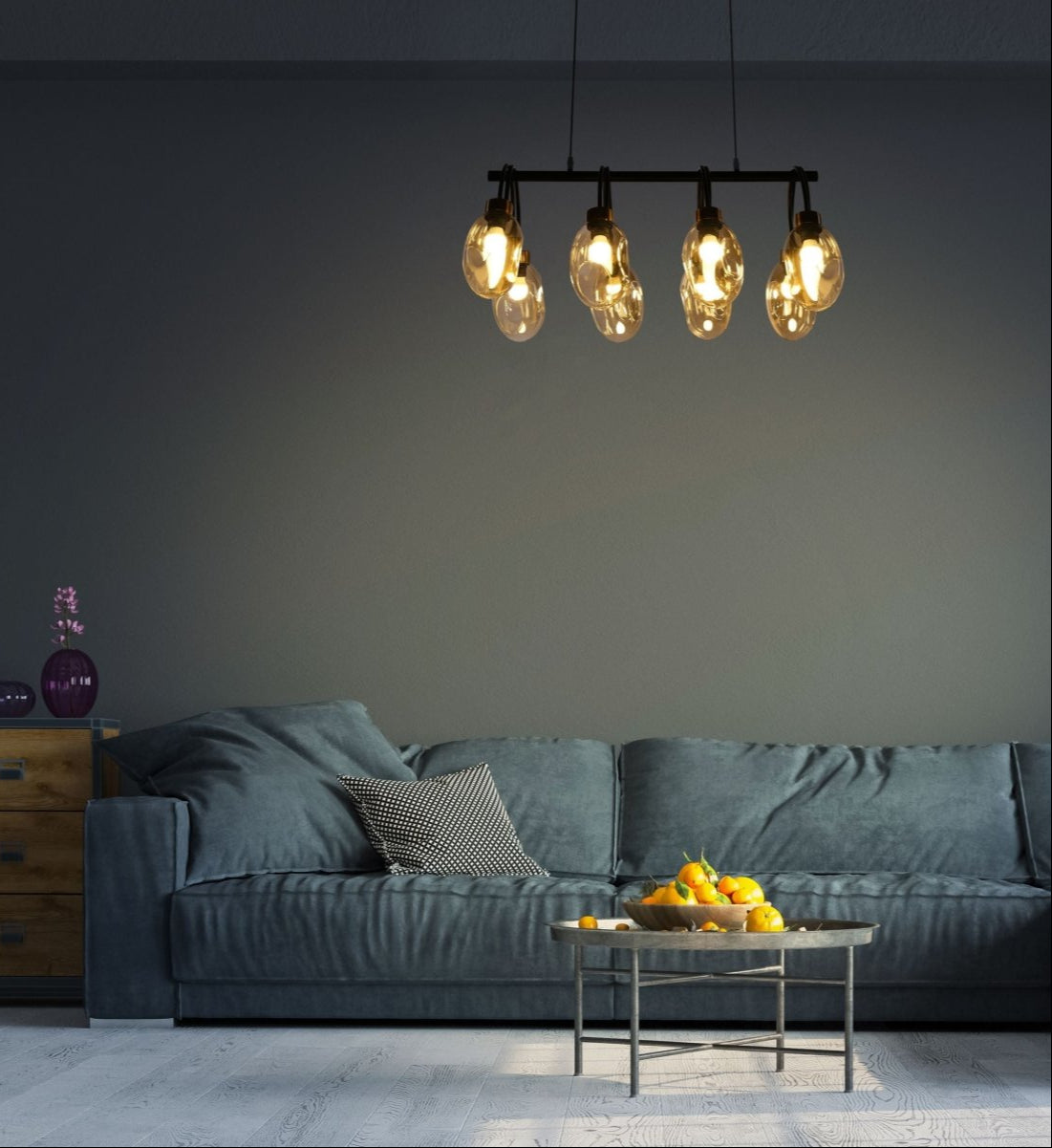 Indoor usage of Amber Glass Black Metal Island Chandelier with 8xE27 Fitting | TEKLED 158-19574