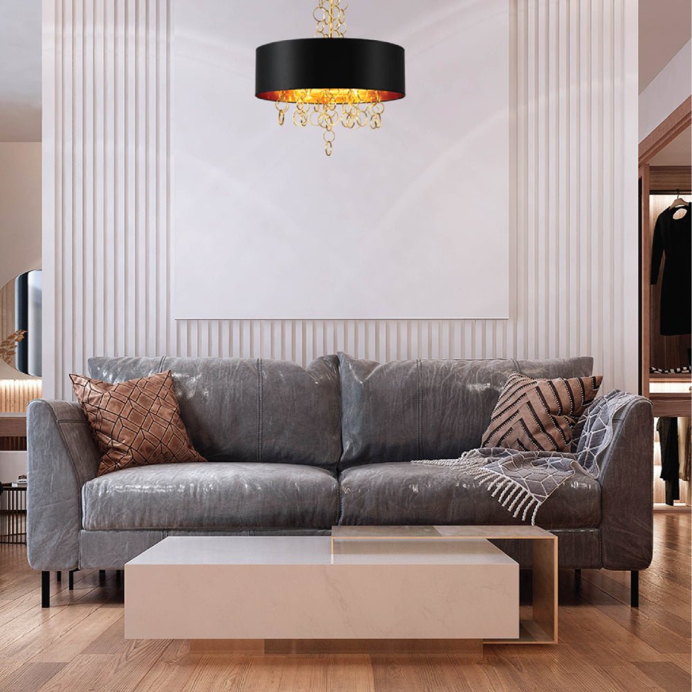 Indoor usage of Black Copper Fabric Drum Shade Gold Ring Chandelier Ceiling Light with 4xE14 Fittings  | TEKLED 158-19622