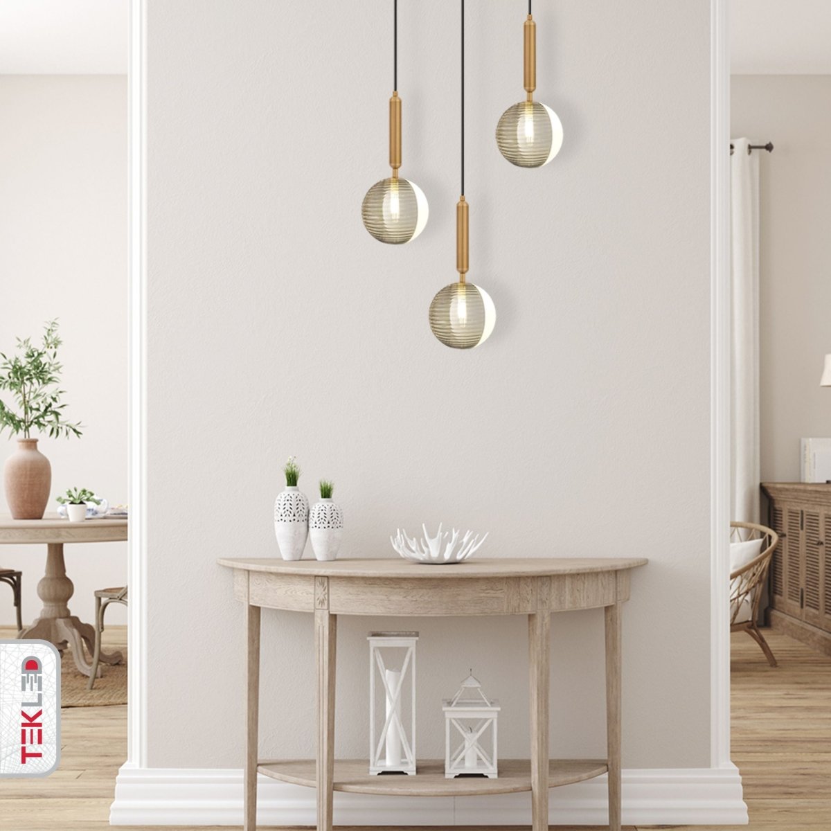 Indoor usage of Half Opal Half Smoky Globe Gold Pendant Light with G9 Fitting | TEKLED 159-17506