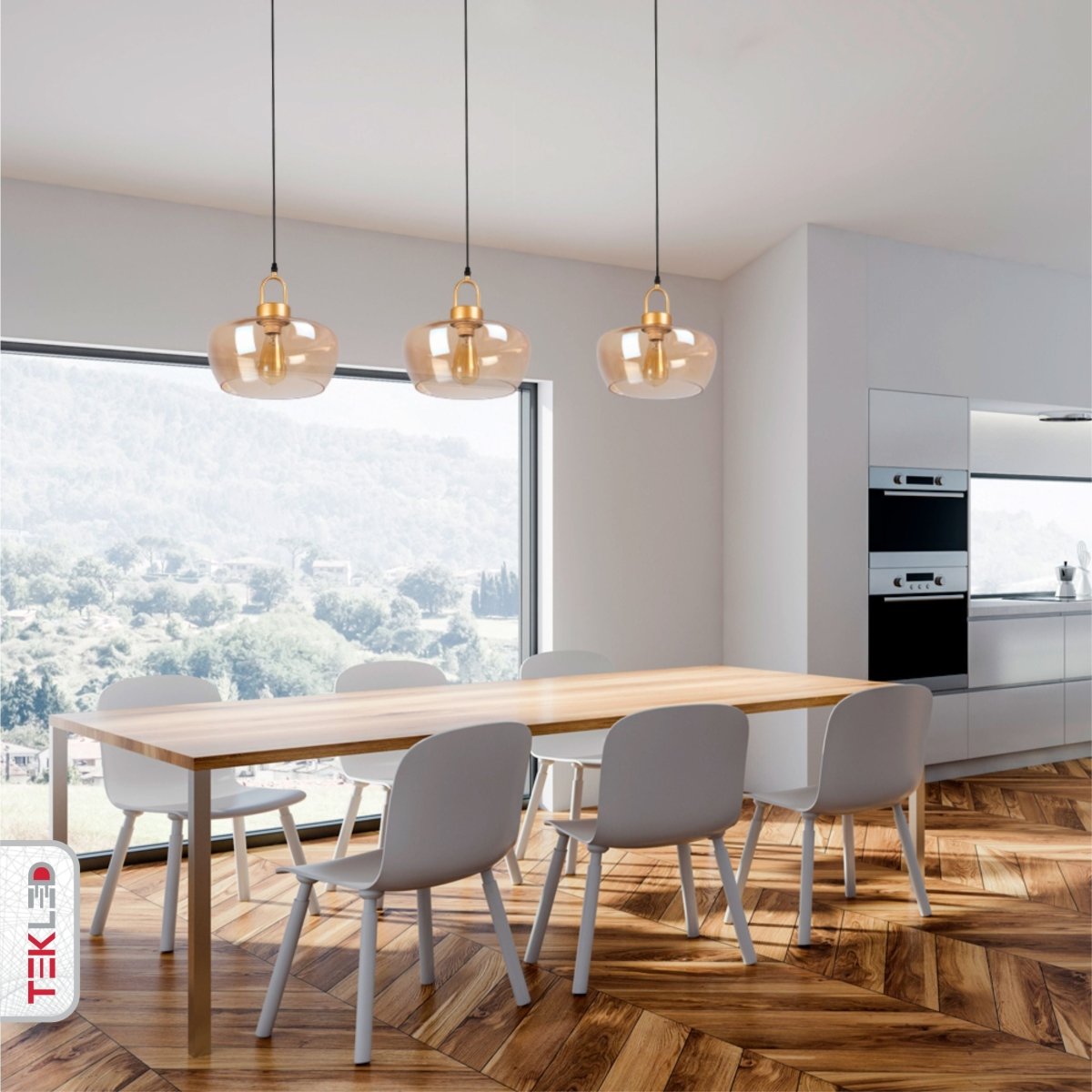 Indoor usage of Miele Grande Amber Glass Pendant Light with E27 Fitting | TEKLED 159-17496