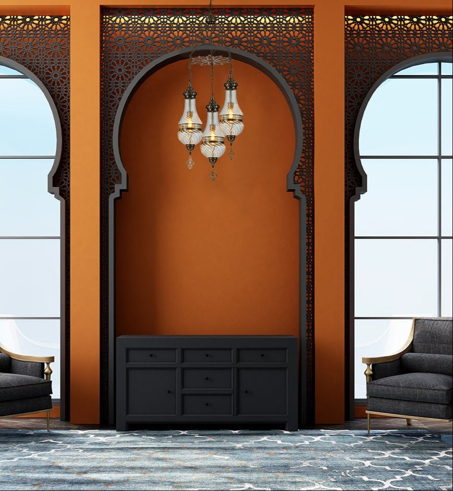 Indoor usage of Moroccan Style Antique Brass and Clear Glass Ceiling Oriental Chandelier with 3xE27 | TEKLED 158-19555