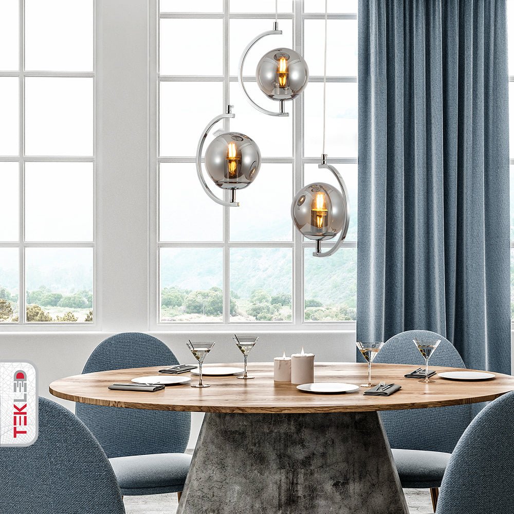 Indoor usage of Smoky Globe Glass Crescent Chrome Metal Modern Ceiling Pendant Light 3xE27 | TEKLED 159-17802