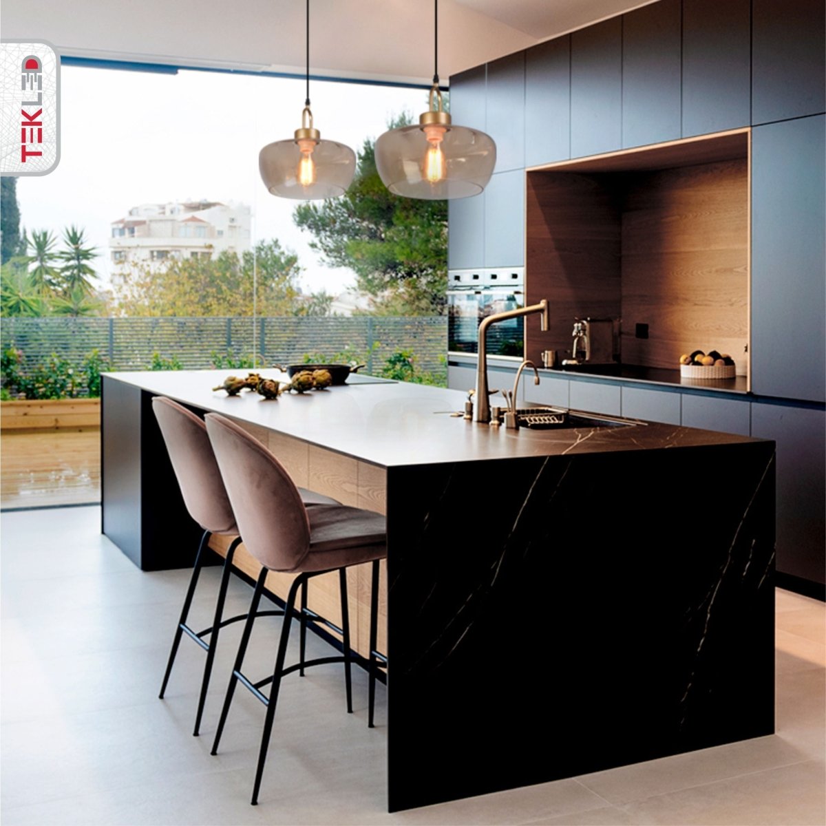 Interior application of Miele Grande Amber Glass Pendant Light with E27 Fitting | TEKLED 159-17496