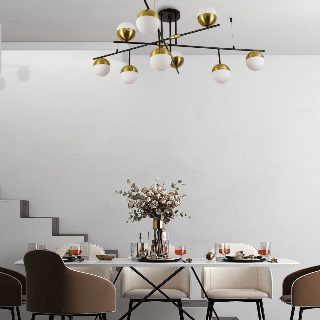 Interior application of Opal Globe Glass Gold Black Metal Body Modern Nordic Chandelier with 9xG9 Fittings | TEKLED 159-17540