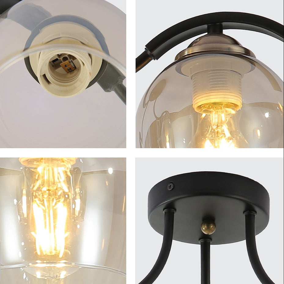 Detailed photo of amber glass black semi-flush ceiling light with 3xe27 fitting