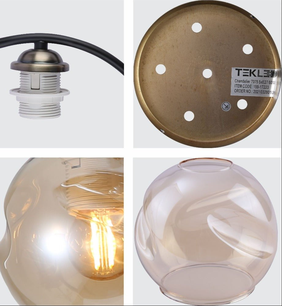 Detailed photo of amber glass dome black and antique brass metal semi flush ceiling light 5xe27