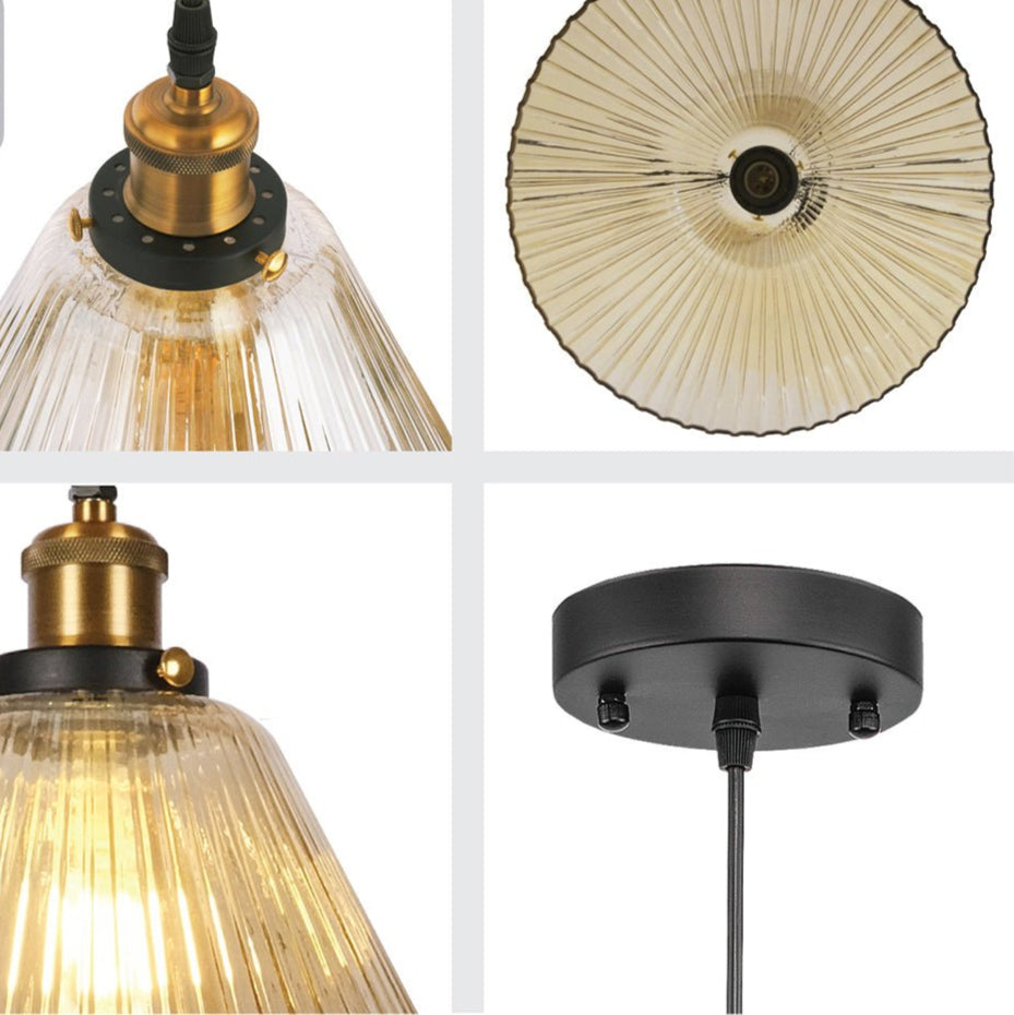 Detailed photo of amber glass funnel striped pendant light with e27 fitting