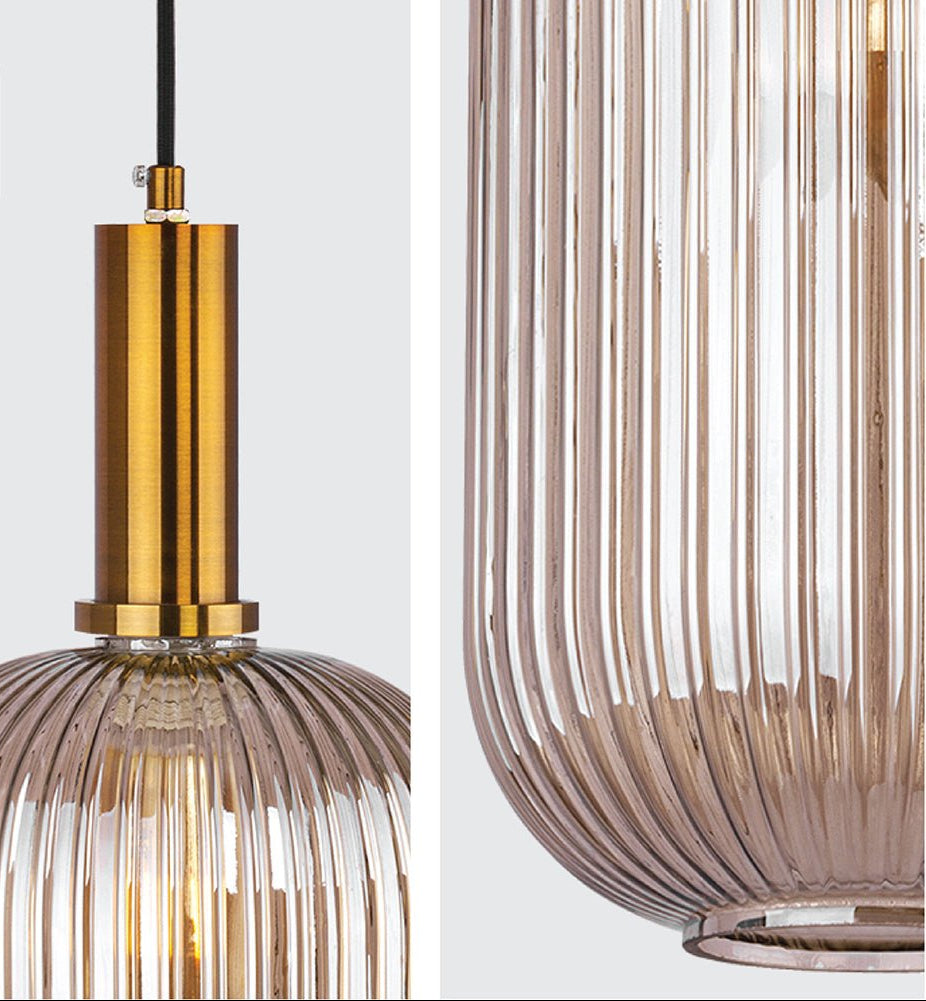 Detailed photo of golden bronze metal amber glass cylinder pendant light long with e27 fitting