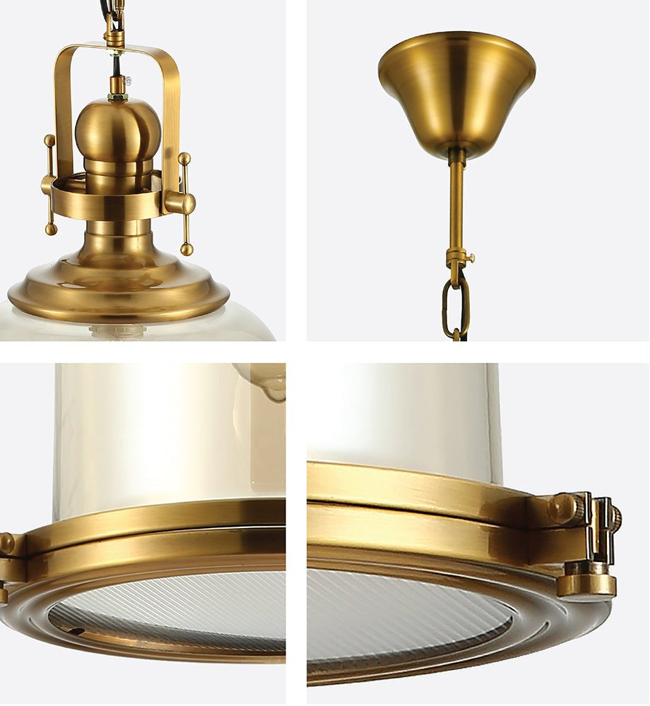 Detailed photo of golden bronze metal amber glass cylinder pendant light sealed with e27 fitting