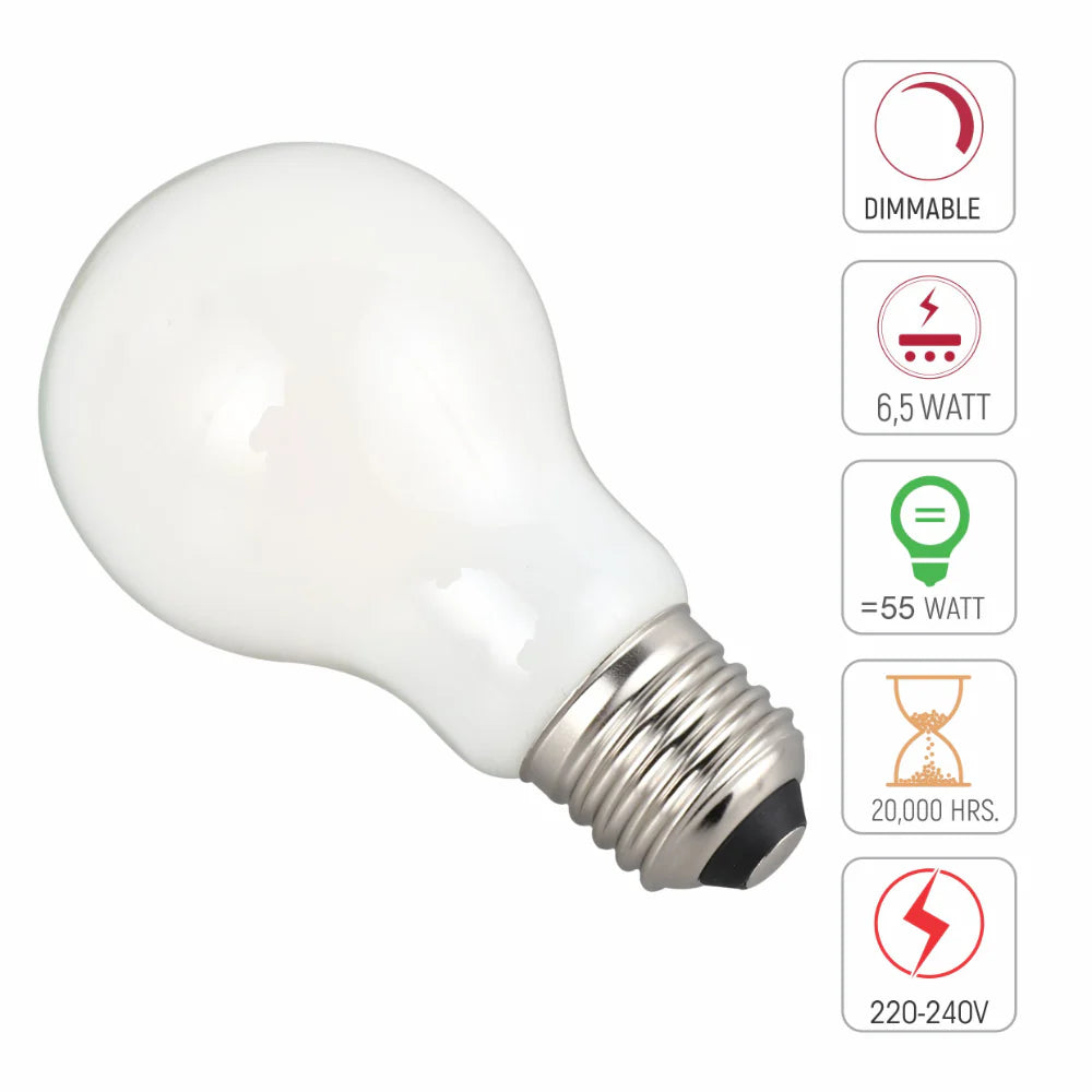 technical specs of 2 pack of a60 gls milky glass 6.5w warm white 2700k  led bulbs