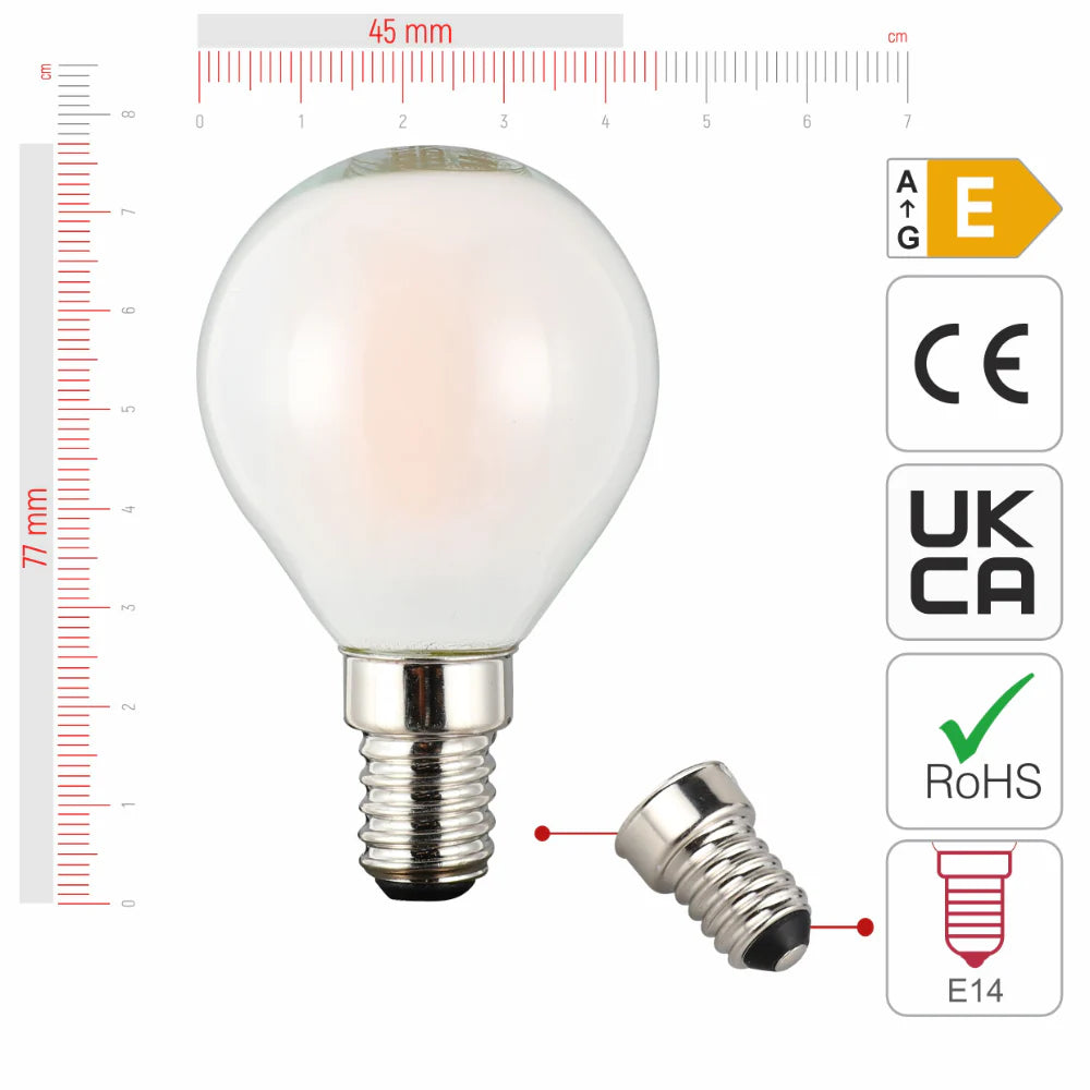 size of 4 pack of dimmable golf ball p45 E14 small edison screw 4w 2700k warm white frosted glass led filament bulbs