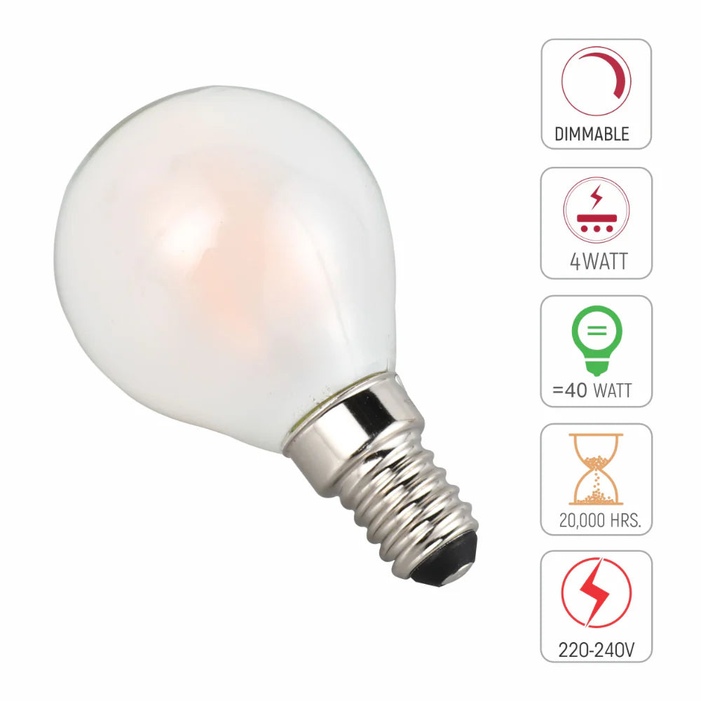 technical specs of 4 pack of dimmable golf ball p45 E14 small edison screw 4w 2700k warm white frosted glass led filament bulbs