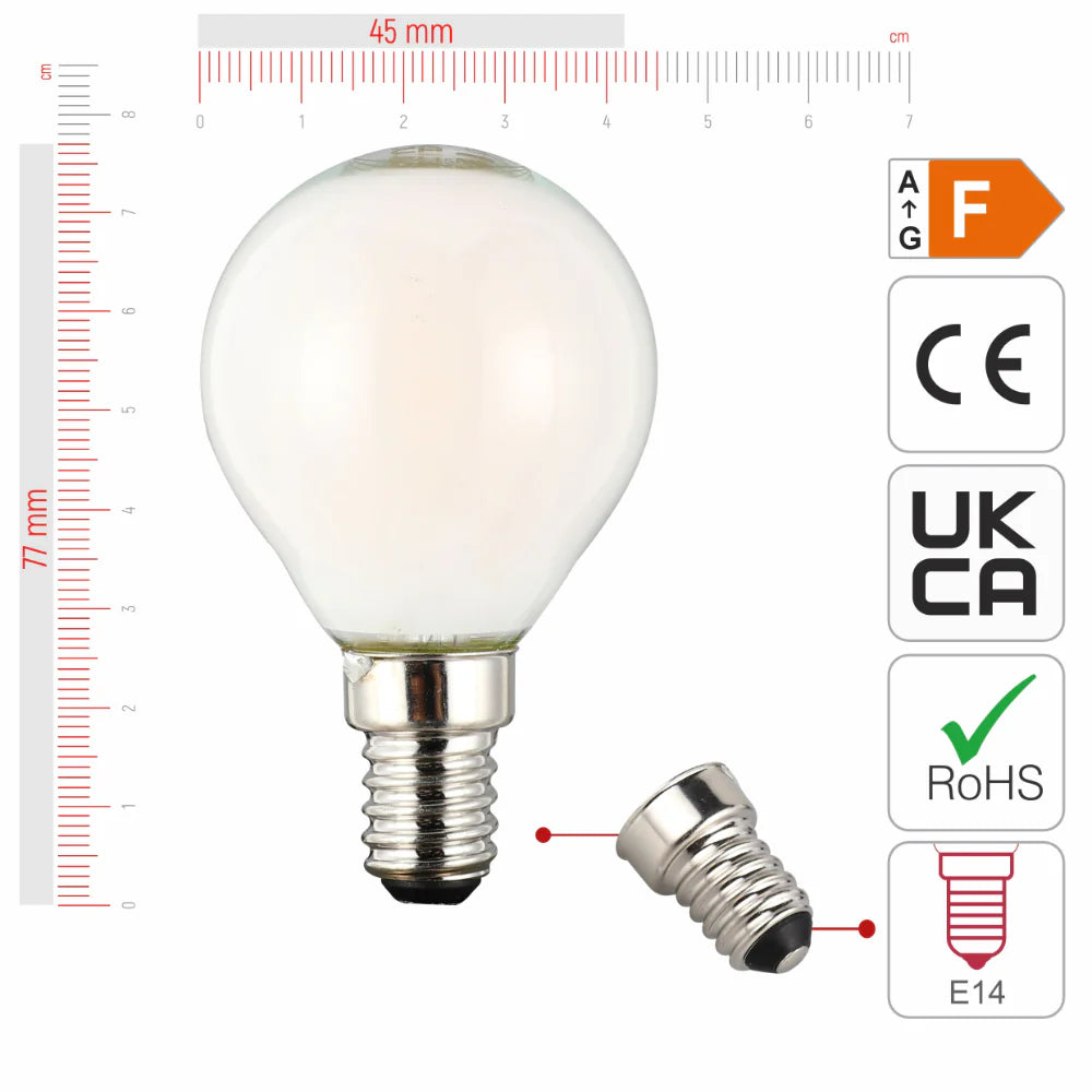 size of 4 pack of dimmable golf ball p45 E14 small edison screw 4w 2700k warm white milky glass led filament bulbs