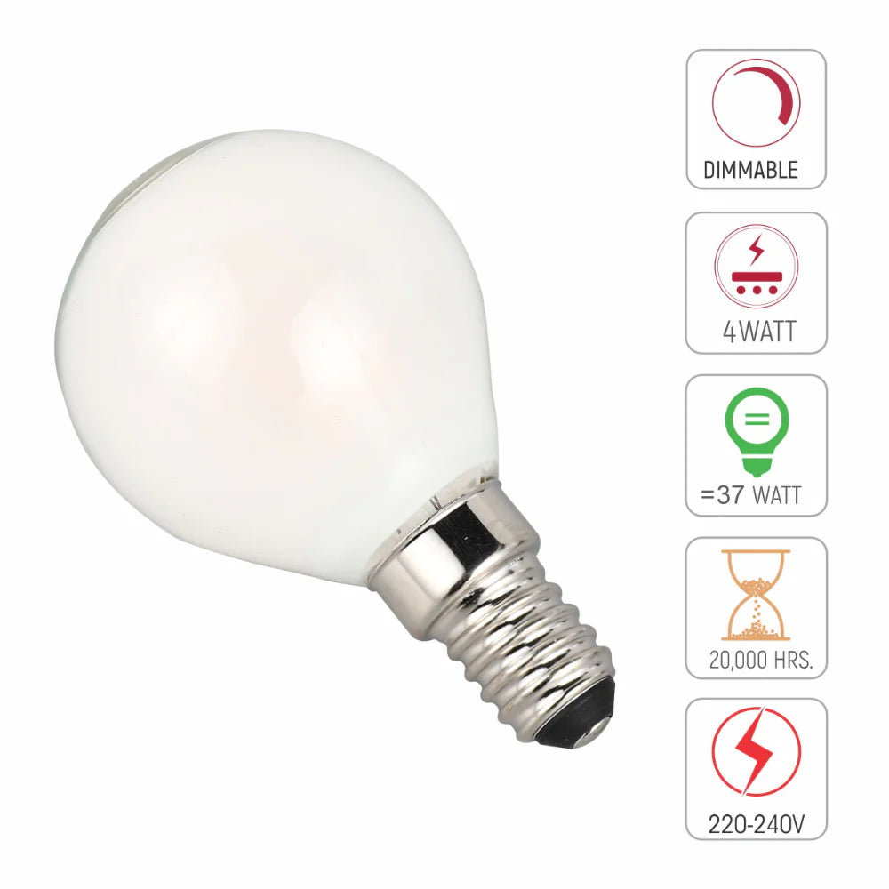 technical specs of 4 pack of dimmable golf ball p45 E14 small edison screw 4w 2700k warm white milky glass led filament bulbs