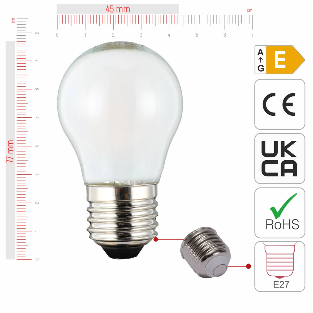 Size of Pack of 4 Golf Ball E27 2W 2700K Frosted Glass Filament LED Bulbs