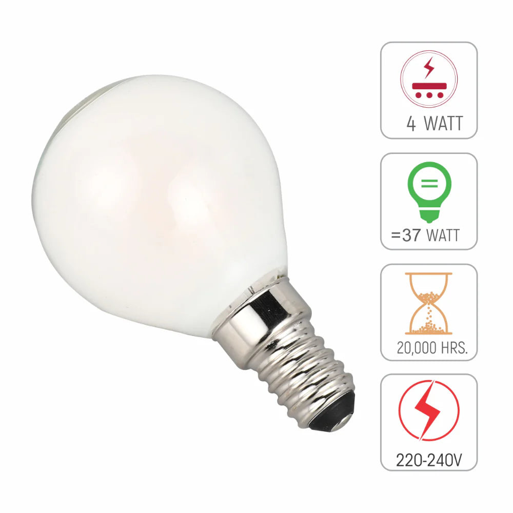 technical specs of 4 pack of golf ball p45 E14 small edison screw 4w 2700k warm white milky glass led filament bulbs