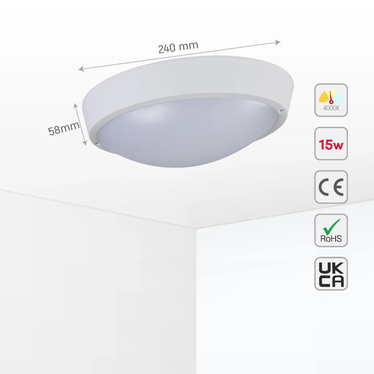 Size and certifications of LED Bulkhead Light IP65 Ceiling Wall Interior Exterior 4000K White 181-15363